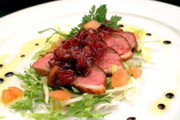 Italian food recipes, duck salad and red onion jam.