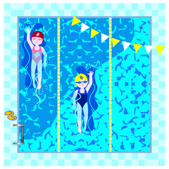 Swimming on the back in the pool, top view, vector graphics