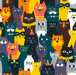 Amazing cats seamless pattern. Endless colorful background with crowd of domestic and wild animals.