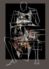 sitting person sketch white on black with collage, raster illustration over a black background