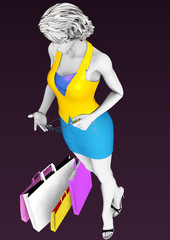 sexy woman in miniskirt and high heels standing next to shopping bags and playing with her glasses thinking, 3D illustration, raster illustration