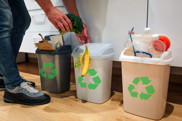 Waste sorting at home. Cropped view of man putting broccoli in the garbage bin. Colorful trash bins for sorting waste in the kitchen