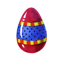 hand painted watercolor red Easter egg with blue, orange and yellow decorative ornamental elements and dark blue dots isolated on white background. closeup Hand painting on paper. Art design elements