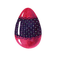 hand painted watercolor pink Easter egg with dark purple decorative ornamental elements and white dots isolated on white background.