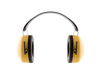 Protection against noise. Hearing protection yellow ear muffs isolated on white background