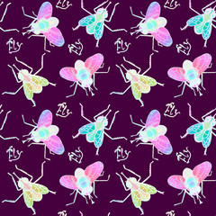 Cartoon character of pink and turquoise flies with white outline, top view, hand drawn doodle sketch, illustration, seamless pattern design on dark background