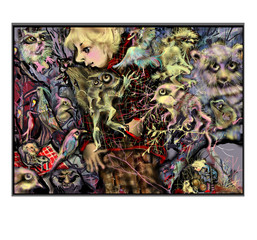 child around weird and scary animals, abstract colorful illustration