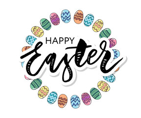 Easter eggs composition hand drawn black on white background. Decorative horizontal stripe from eggs with leaves and watercolor dots.