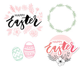 Easter eggs composition hand drawn black on white background. Decorative horizontal stripe from eggs with leaves and watercolor dots.