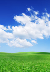 Idyllic view, green hills and blue sky with white clouds