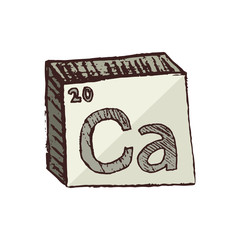 Vector three-dimensional hand drawn chemical symbol of calcium with an abbreviation Ca from the periodic table of the elements isolated on a white background.