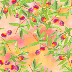 A seamless watercolor pattern of vibrant olive tree branches with olives, a vegan repeat print on an abstract background