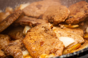 Cooking fryed meat on the pan with onion close up