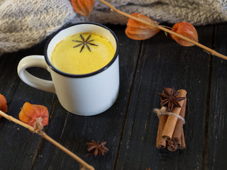 Turmeric with milk, cinnamon and anise on a wooden table. Healthy home drink