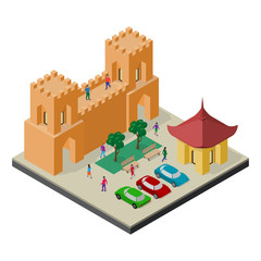 Cityscape in isometric view. Fortress wall, benches, trees, parking, cars and people.