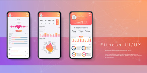  Different UI, UX, GUI screens fitness app and flat web icons for mobile apps. Health And Fitness Smart Phone Application Featuring Taskbar, Step Counter