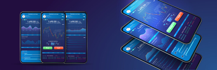 Trade exchange app on phone screen. Mobile banking cryptocurrency UI UX. Online stock trading interface. Pie charts, workflow, web design. vector