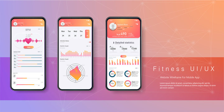  Different UI, UX, GUI screens fitness app and flat web icons for mobile apps. Health And Fitness Smart Phone Application Featuring Taskbar, Step Counter