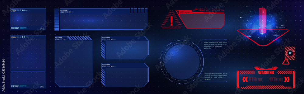 Poster hud ui gui futuristic user interface screen elements set. high tech screen for video game. sci-fi co