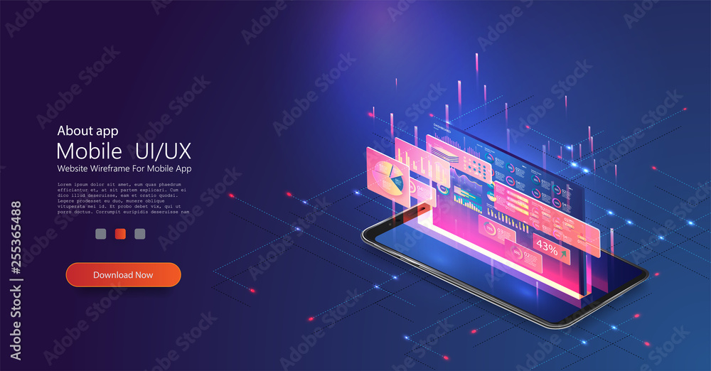 Poster application of smartphone with business graph and analytics data on isometric phone . analysis trend