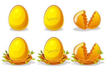 Golden Eggs in birds nest of twigs. Vector Easter symbol. Normal, damaged and broken.