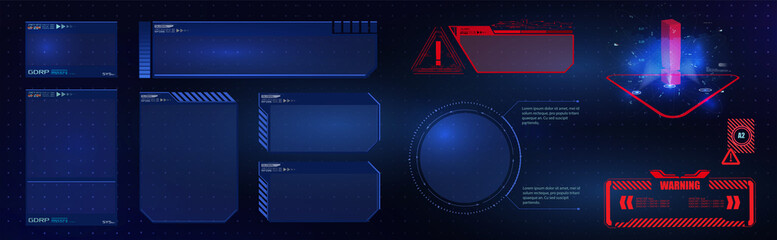 HUD UI GUI  futuristic user interface screen elements set. High tech screen for video game. Sci-fi concept design. Vector illustration - obrazy, fototapety, plakaty