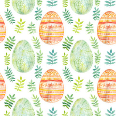 Hand painted watercolor original seamless pattern with Easter eggs and leaves isolated on white 