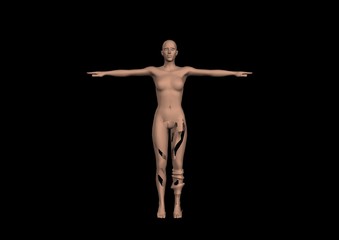 cute girl with cut out leg parts, looks like made of plastic, standing like a 3D model, 3D illustration over a black background