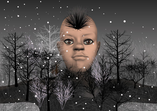 growing woods, trees without leaves growing out ot the mans sweater, with irokese haircut