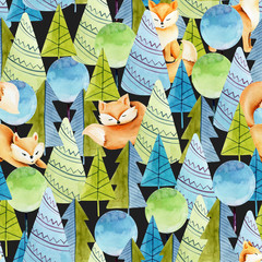 Seamless pattern of watercolor cute foxes and simple spruces, hand drawn on a dark background  © nastyasklyarova