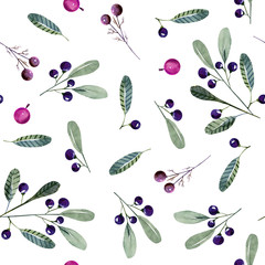 Watercolor wolf berries seamless pattern, hand painted on a white background
