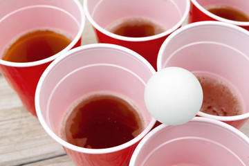 Cups for game Beer Pong on the table