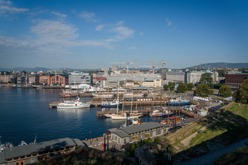 Fototapeta na wymiar View of Oslofjord and Oslo harbour from Akershus Fortress, Oslo, Norway