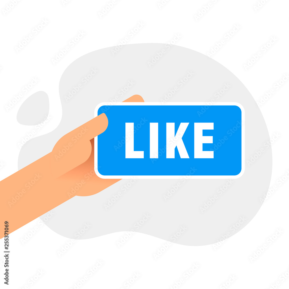 Poster hand holding smartphone with like message on screen, like button. thumbs up icon. social network, so