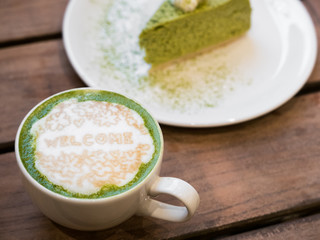 Matcha cake with coffee