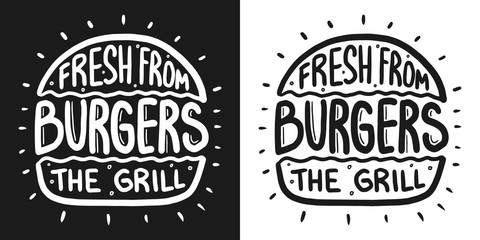 Best burger lettering with rays and engraving bun. White vector vintage illustration on dark chalkboard. For poster and menu. - obrazy, fototapety, plakaty