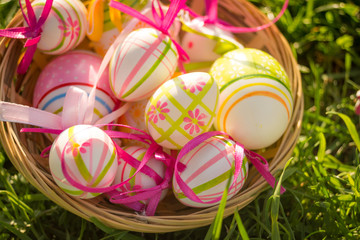 Happy Easter. Colorful Easter eggs in a basket.