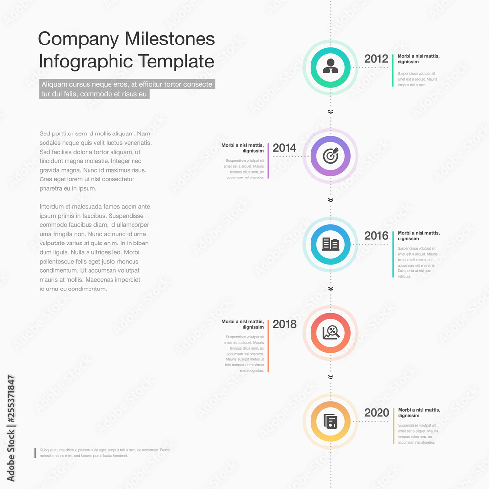 Poster modern infographic for company milestones timeline with colorful circles, glyph icons and place for 