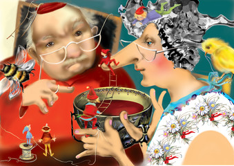 old man talking to an old woman drinking tea from a huge teacup, fairy tale, raster illustration over a blue green background, children illustration