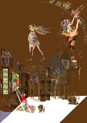 small city, a girl carrying her cat, an old woman hanging the laundry on a laundry lane, raster illustration over a brown background