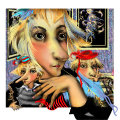 portrait of a strange woman with a long nose, holding two puppets, standing in an image gallery, raster illustration