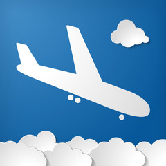 Naklejka premium flat plane arrival icon and paper clouds on blue air background