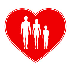 silhouettes of man, woman and child on the background of the heart
