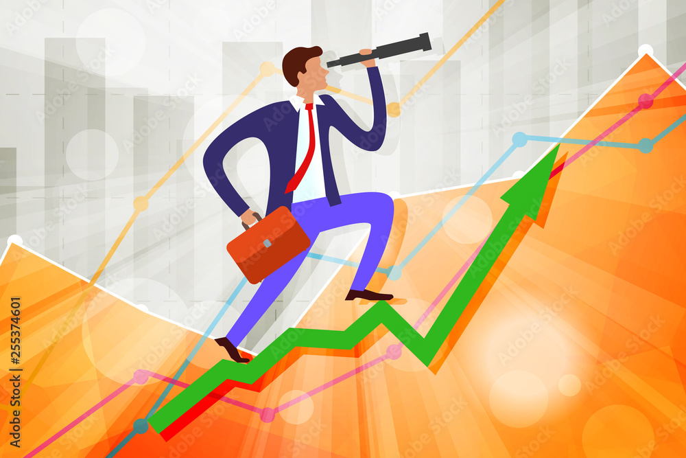 Poster young businessman with telescope and case on growing steps arrow with business statistics chart show