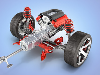 Suspension of the car with wheel and engine Undercarriage in detail isolated on blue gradient background 3d