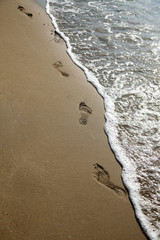 Footprint on sand with sea, vertical format