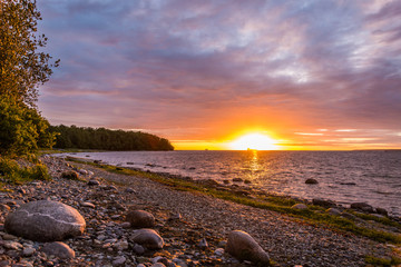 Cliff seacoast at sunset in the evening