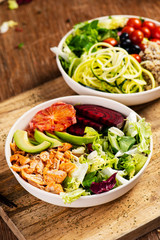 buddha bowl salads on a wooden table