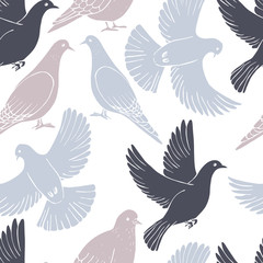 Hand drawn doves.  Vector  seamless pattern
