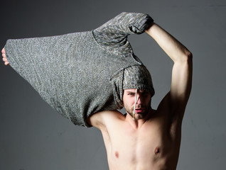 Bohemian sexy body. Object of desire concept. Caught in state of undress. Man handsome sexy hipster...